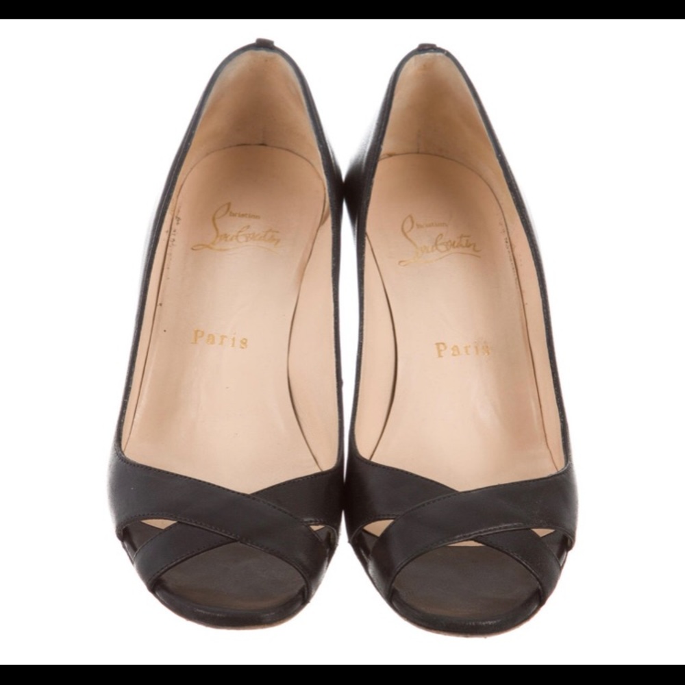 Christian Louboutin black leather peep-toe wedges